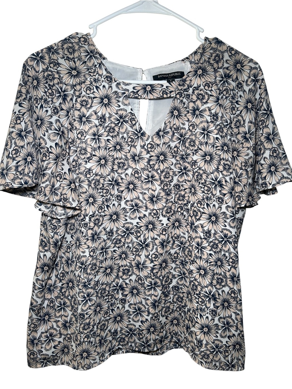 Banana Republic Cream Floral Keyhole Flutter-Sleeve Top Fairy Whimsy Preppy Smal